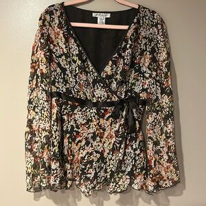 100% silk whimsical cottagecore floral bow tie waist semi sheer flare sleeves